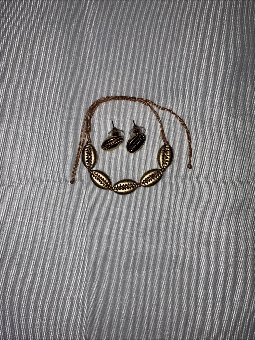 Gold Cowrie Shell Jewelry Set | Adjustable Cord Bracelet & Stud Earrings - Picture 5 of 6